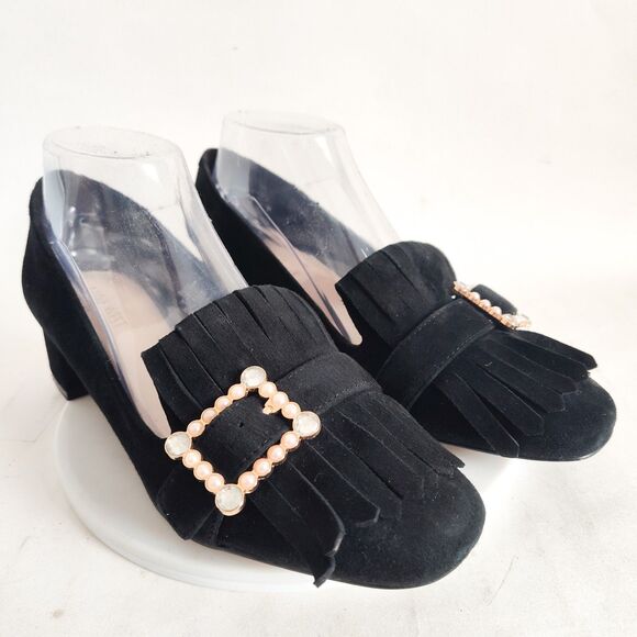 Nine West Shoes - Nine‎ West Pumps Size 8 Black Suede Leather Low Block Heels Office Kilty Pilgram